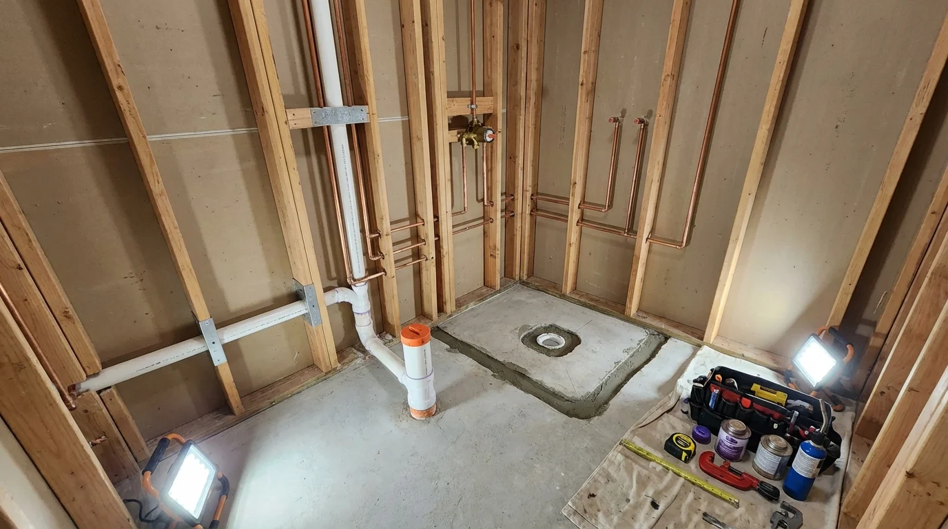 Bathroom rough-in plumbing during remodel by Johns Plumbing LLC in Campbellsville