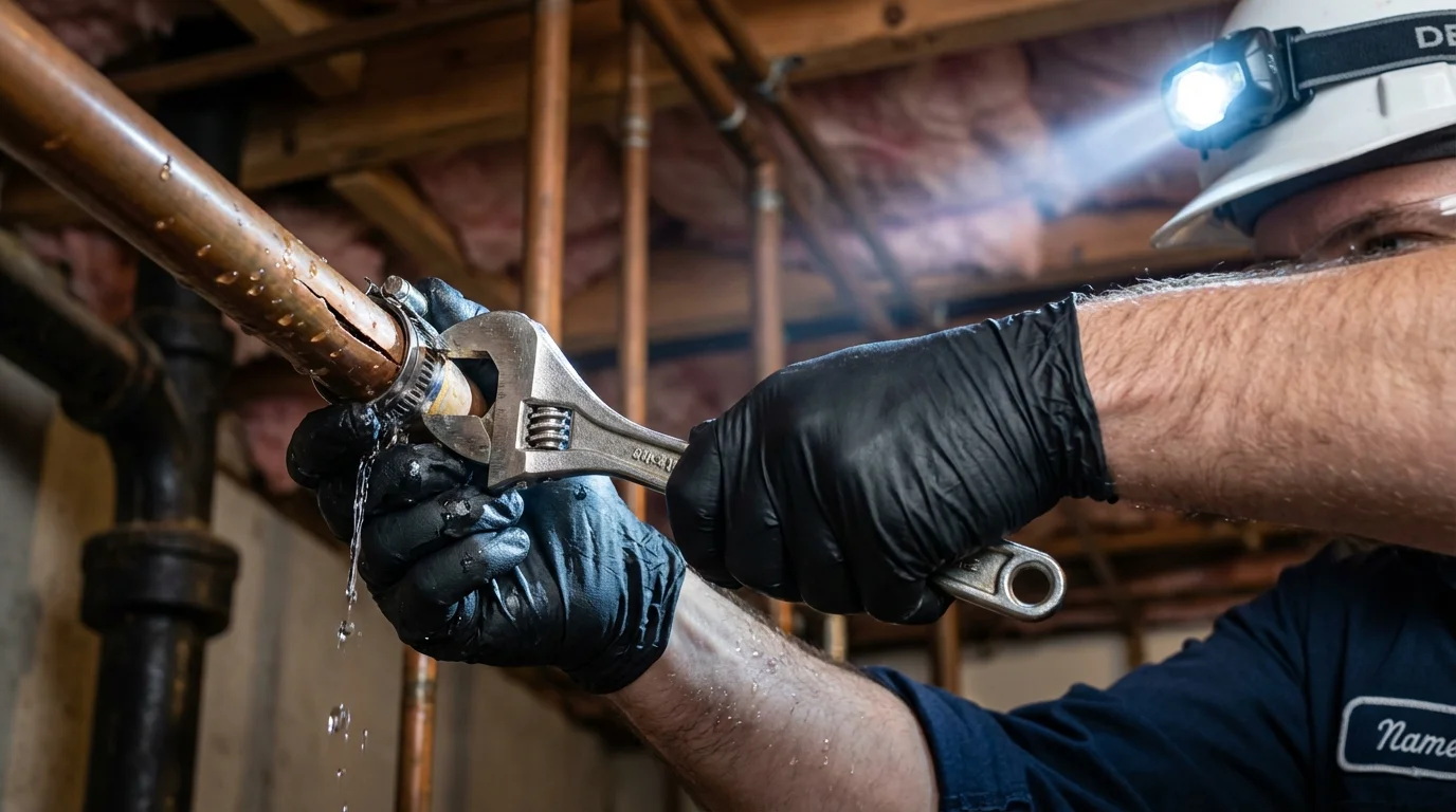 Emergency pipe clamp repair being performed by a Johns Plumbing LLC plumber in Campbellsville