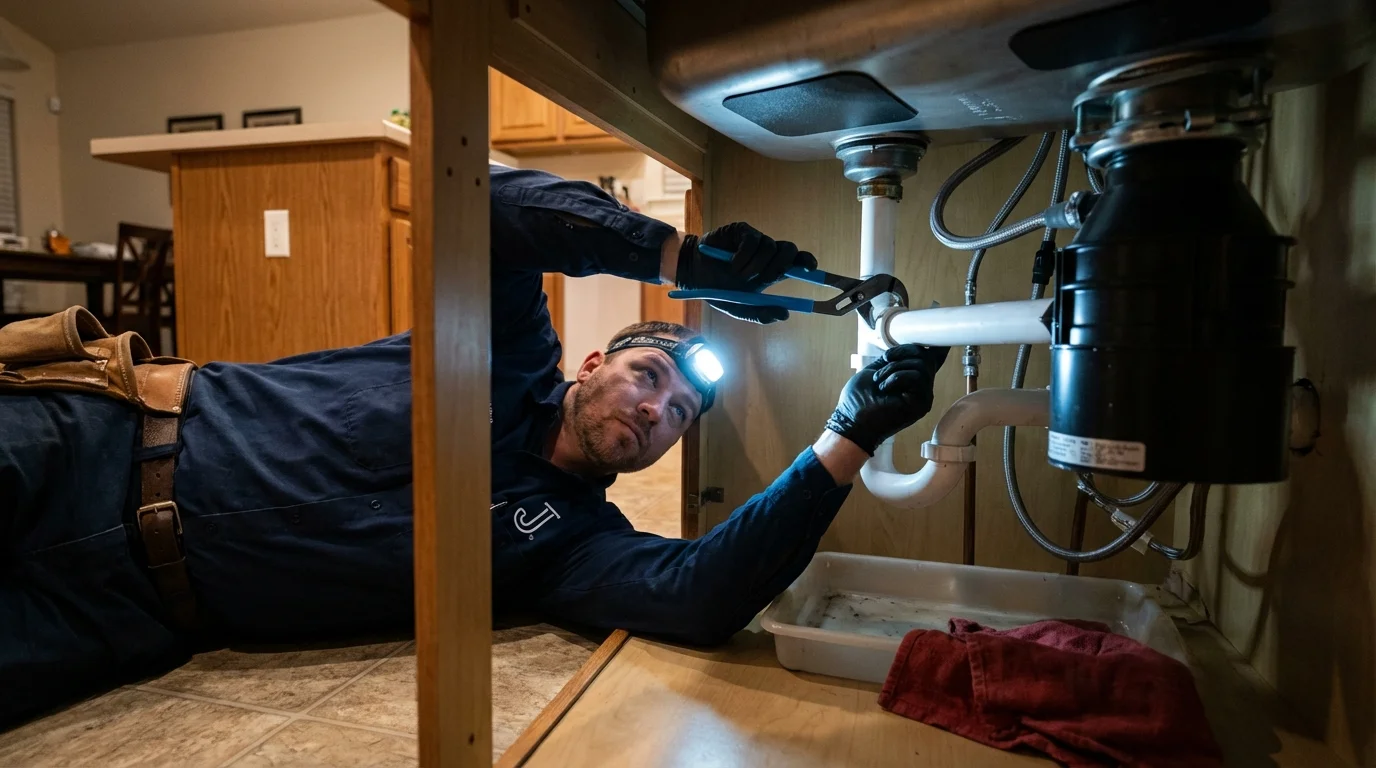 P-trap and supply line connections under a kitchen sink showing a common leak point in Campbellsville, KY